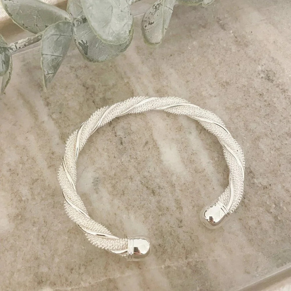 925 Sterling Silver Twist Bangle Bracelet Cuff Bracelet Shiny Textured Bracelet - Picture 3 of 5